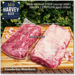 Beef Sirloin aged chilled Australia STEER young cattle HARVEY whole cuts +/- 5.5 kg/pc (price/kg) Striploin / New York Strip / Has Luar PREORDER 2-3 days notice